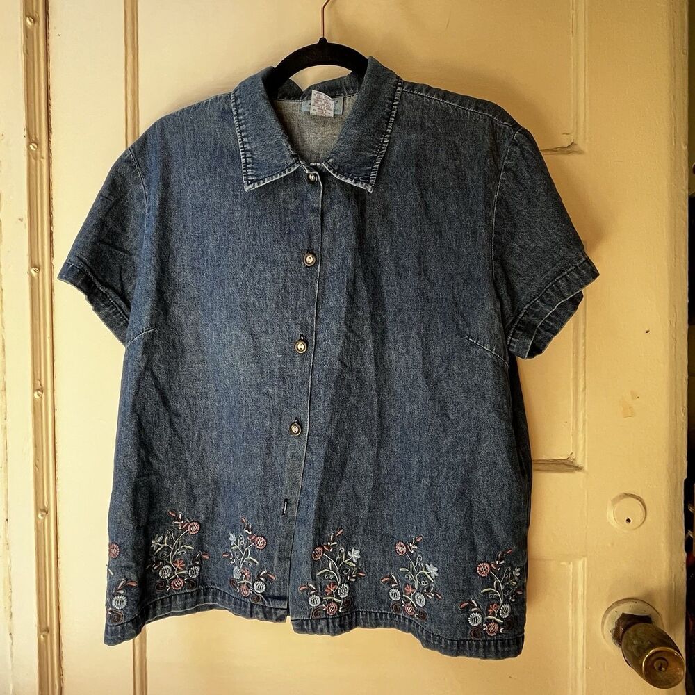 Jane Ashley Floral Embroidered Denim Top L Prairie Indie 90s Y2K Cottage Farm
